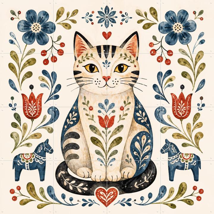 Scandinavian Folk Art - Cat with Flowers