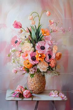 'Romantic Pastel Floral Still Life Painting with Flowers in Pineapple Vase' par OTTI