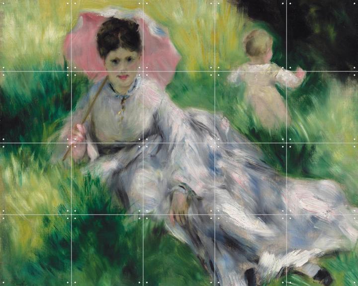 Woman with a Parasol and Small Child on a Sunlit Hillside