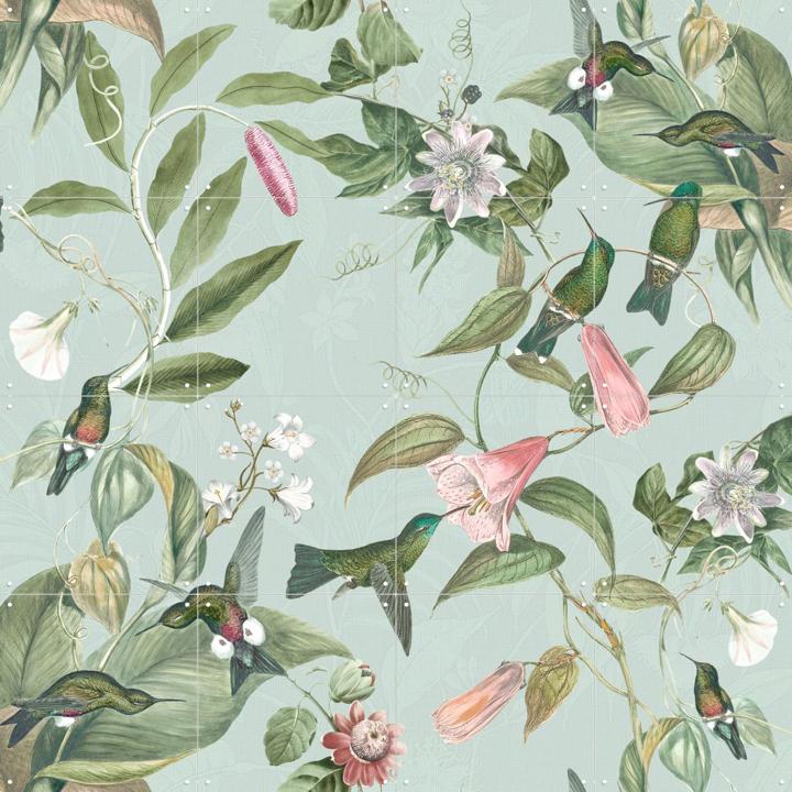 Birds & Passiflora paradise garden - soft teal