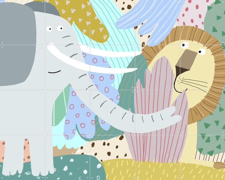 Cute Elephant with Lion Peeking Out of the Jungle