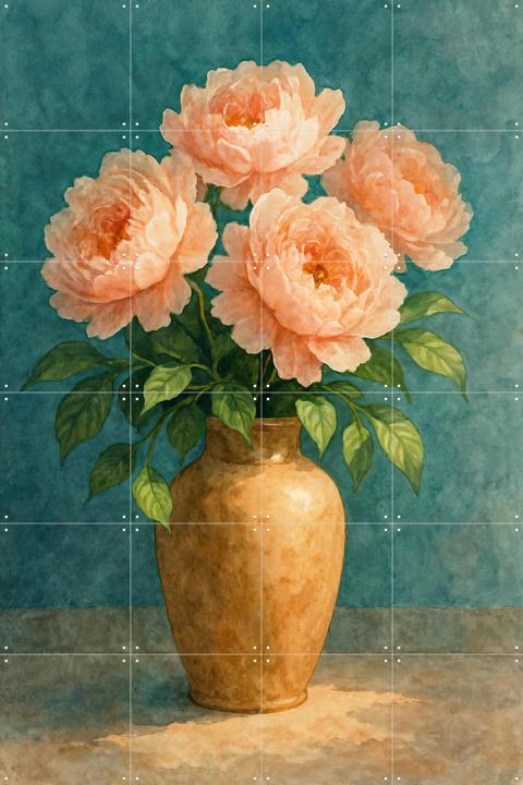 Aardewerk Vaas met Roze Pioenrozen