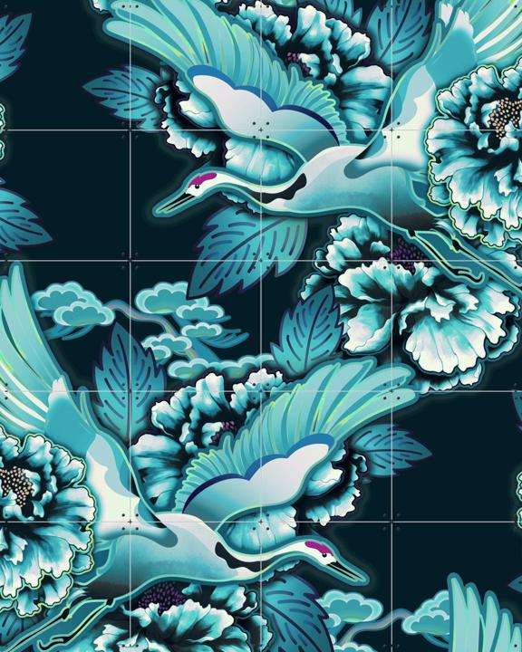 Crane Bird Pattern Cloudy Petrol