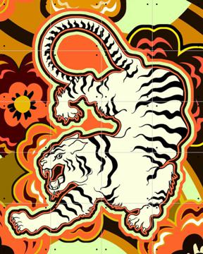 'White Tiger Japanese Flowers Ochre Orange' by Marylène Madou