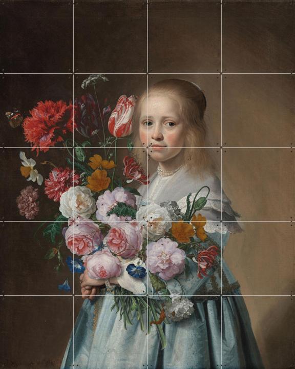 Girl in Blue with Flowers