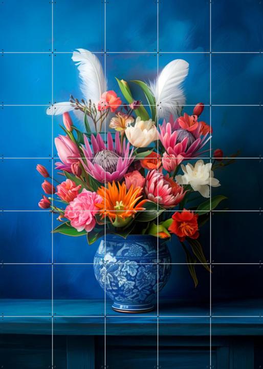 Delft Blue Floral Still Life with Colorful Flowers and White Feathers