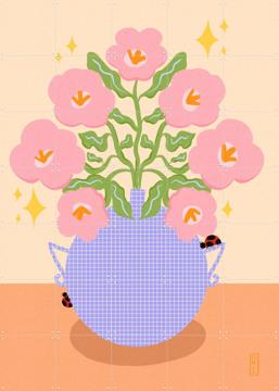 'Pink Retro Flowers in a Vase Illustration' by Dirkie Nell