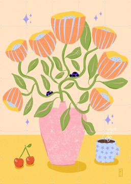 'Dirkie Nell Retro Bell Flowers in a Vase Illustration' by Dirkie Nell