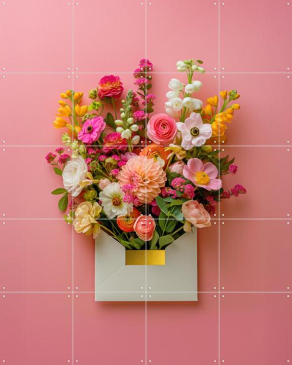 Pink Floral Still Life with Colorful Flowers in Gold Envelope