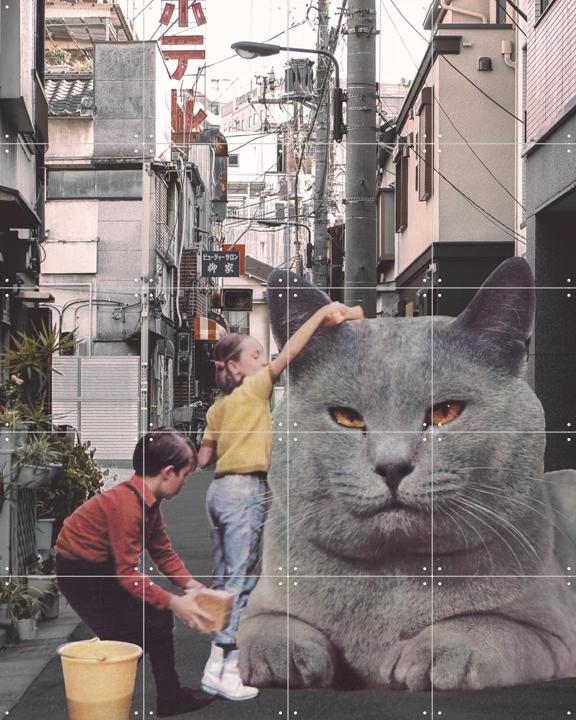 Children washing a giant cat in Tokyo streets