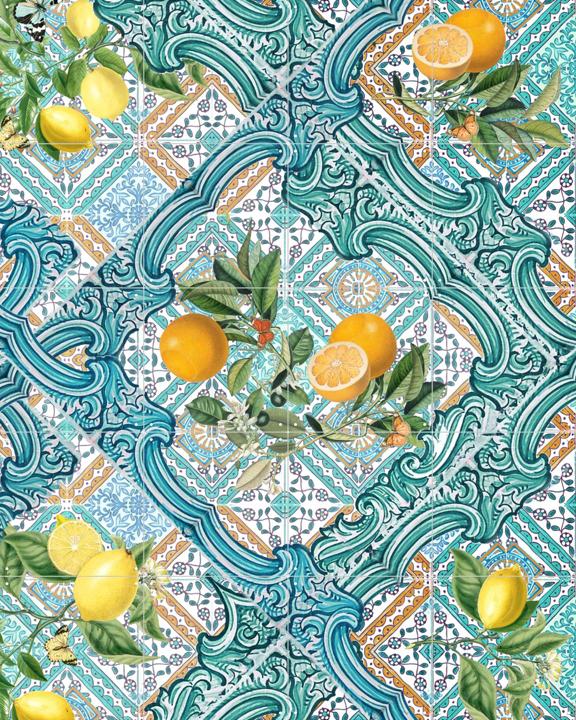 Mediterranean tiles and citrus fruit teal IIII