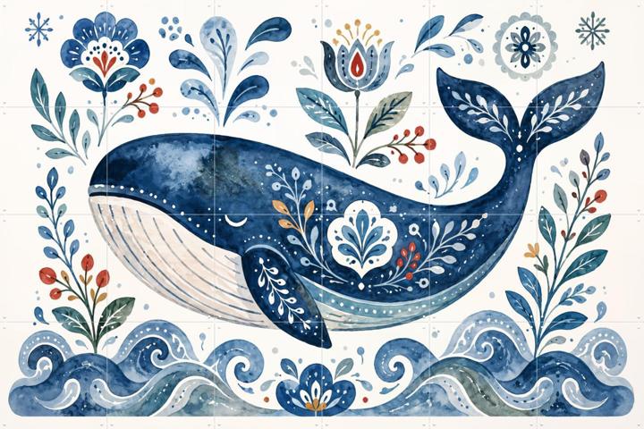 Folk Art - Whale Among Waves and Leaves