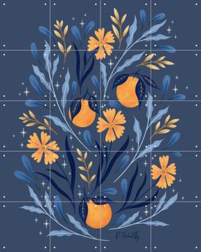 'Wild Flowers and Oranges Blue and Gold' van Rebecca Flaherty