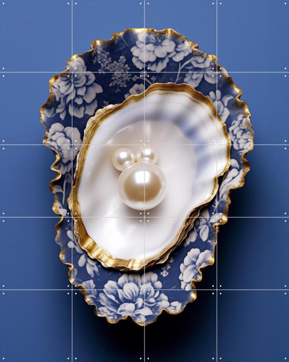 Delft Blue Flower Pattern Oyster with Gold and Pearls