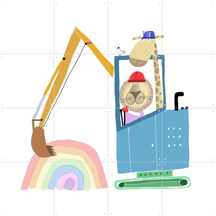 Lion and Giraffe Construction Wokers with Rainbow