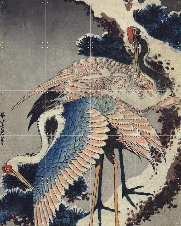 Two Cranes on a snowy Pine Branch