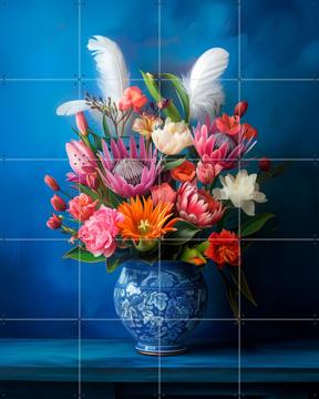 'Delft Blue Floral Still Life with Colorful Flowers and White Feathers' par OTTI