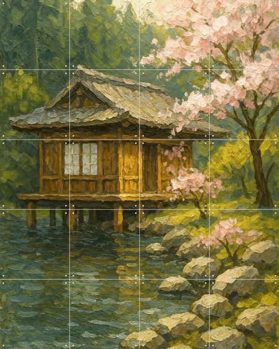 Cherry Blossoms by a Japanese Teahouse
