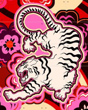 IXXI - White Tiger Japanese Flowers Pink by Marylène Madou 