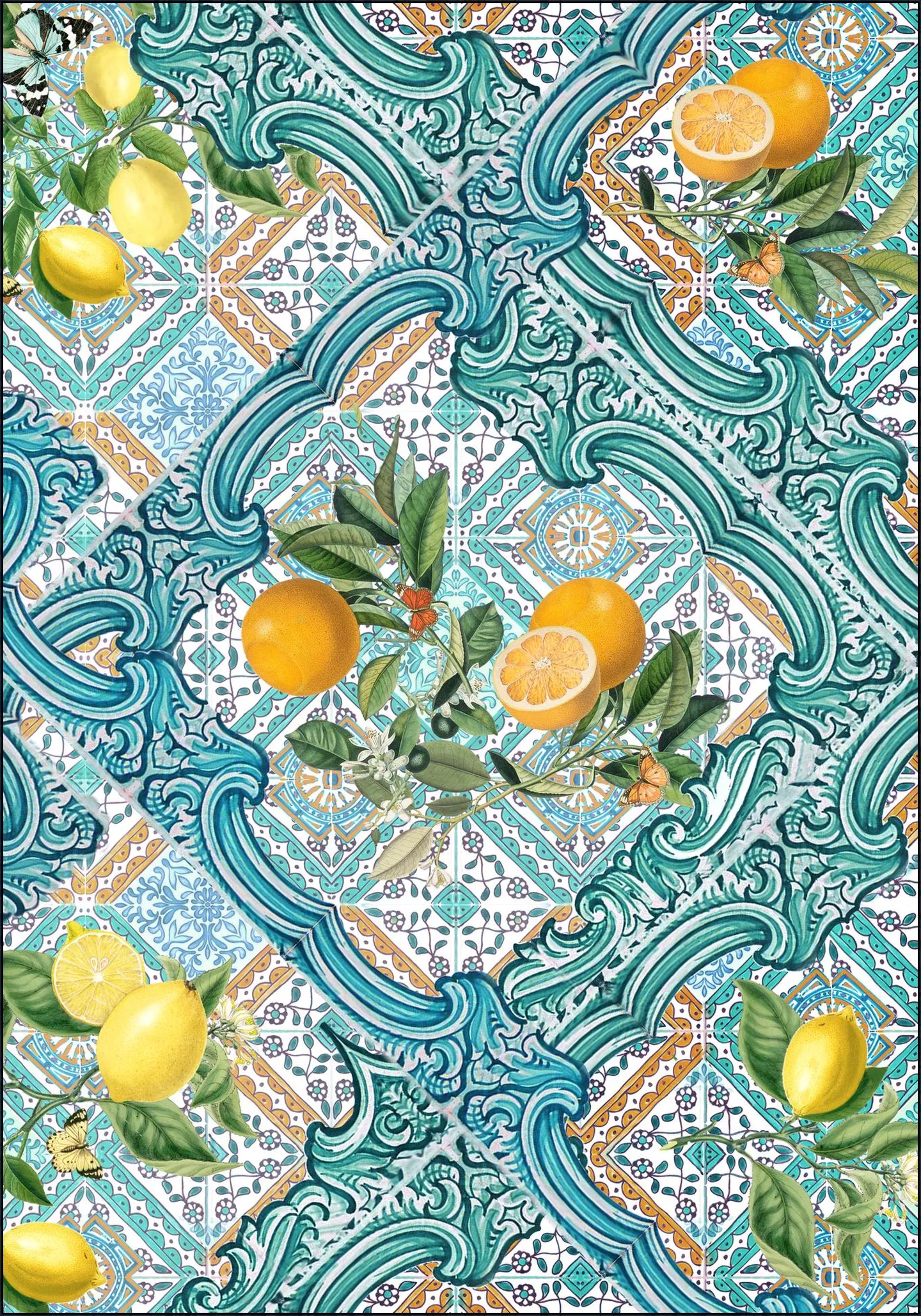 Mediterranean tiles and citrus fruit teal IIII