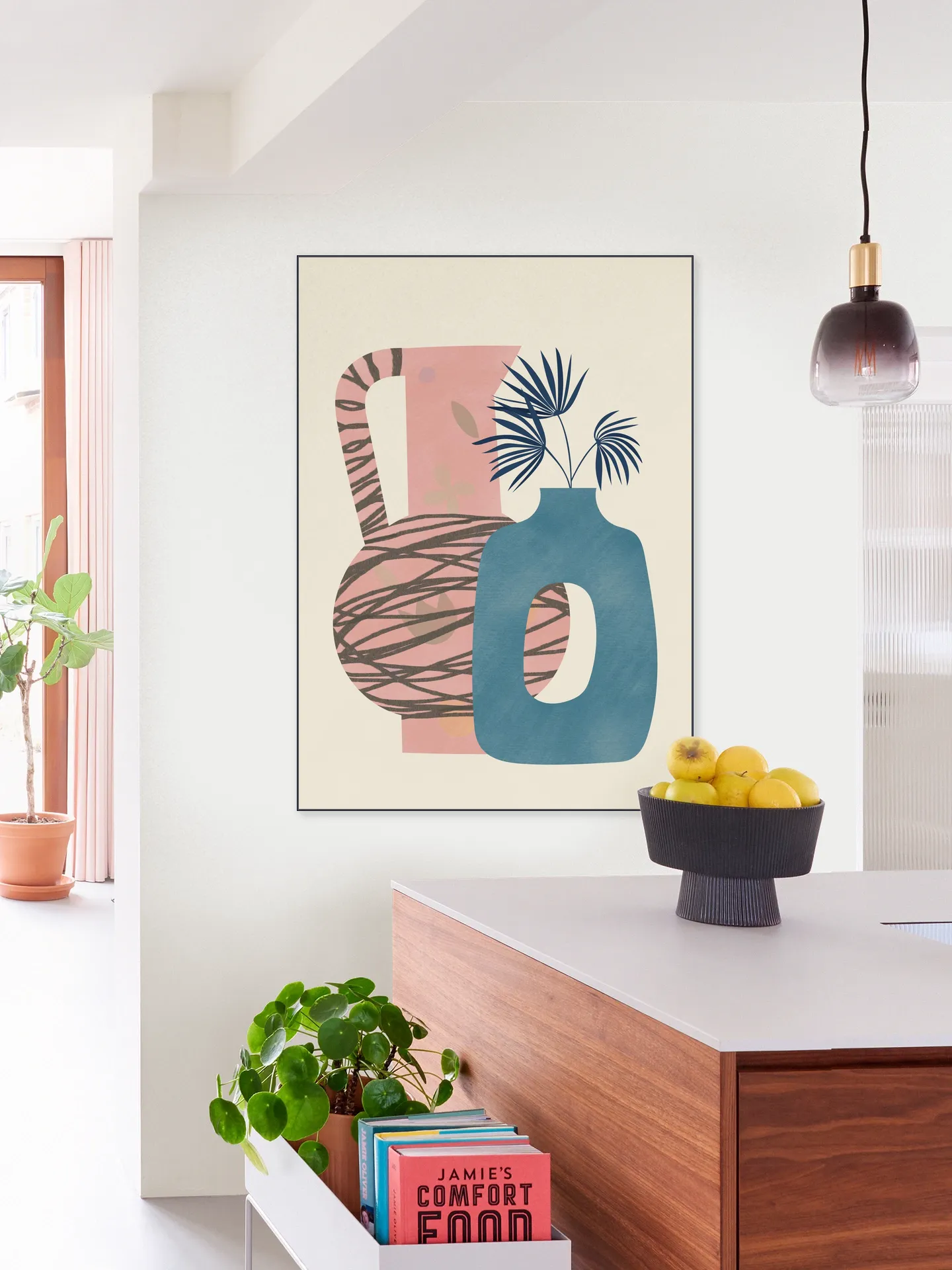 Still life with blue and pink vase