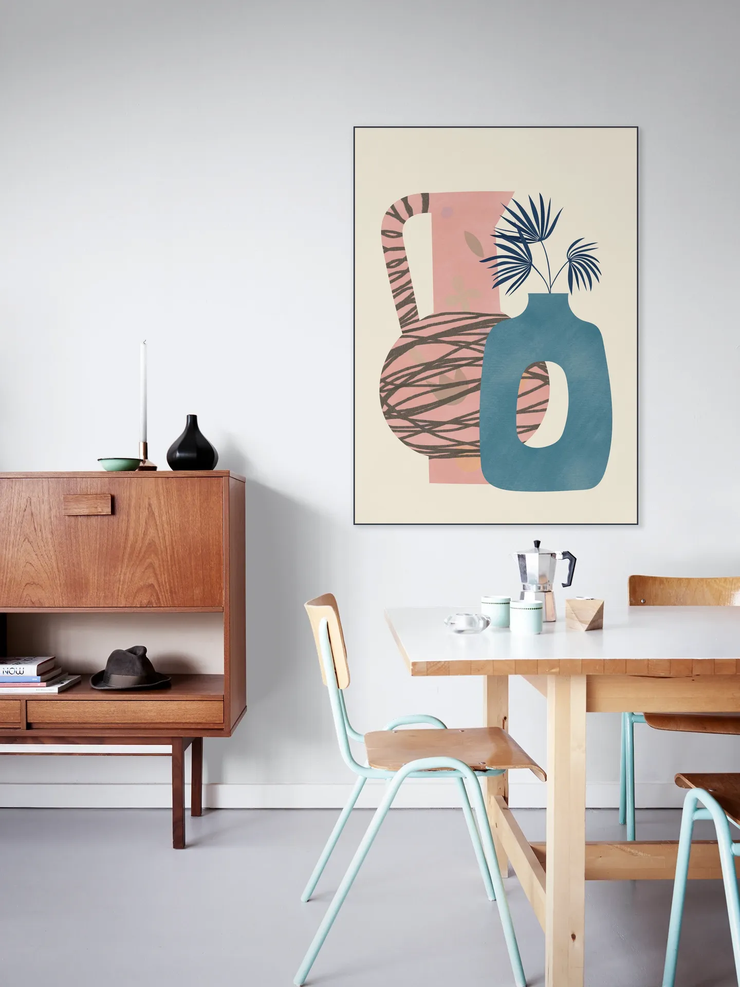 Still life with blue and pink vase