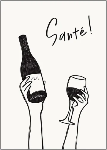 Hands holding a wine bottle and a wine glass with the text "Cheers!" in French