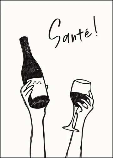 Hands holding a wine bottle and a wine glass with the text "Cheers!" in French
