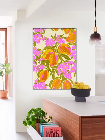 Tropical Theme With Lush Mangoes And Flowers