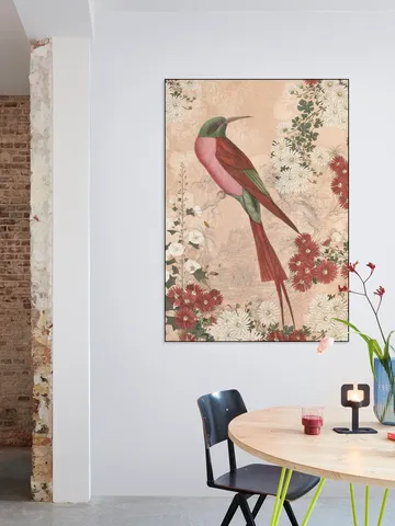 Japanese Floral Blossom And Red Tropical Bird