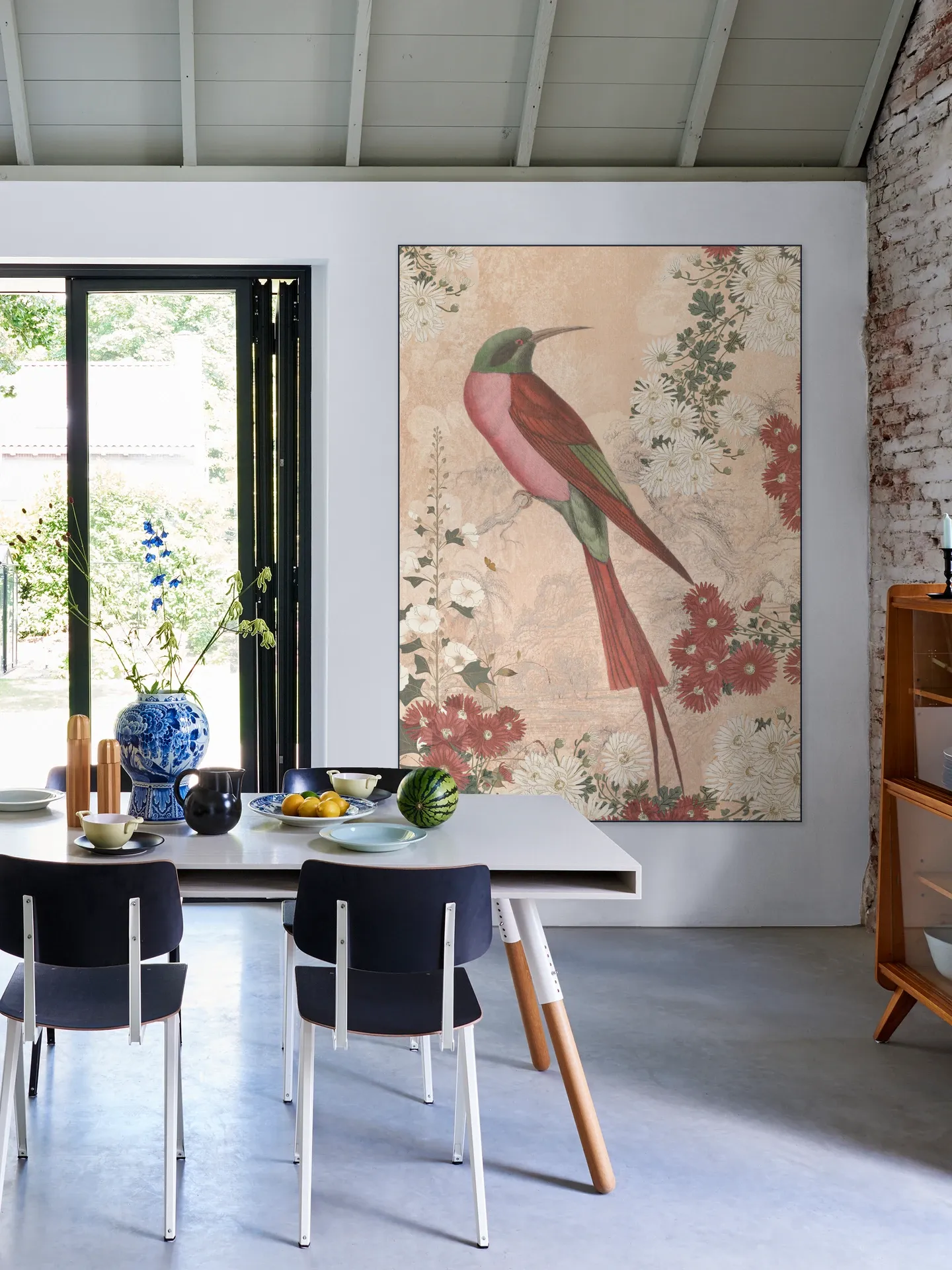 Japanese Floral Blossom And Red Tropical Bird