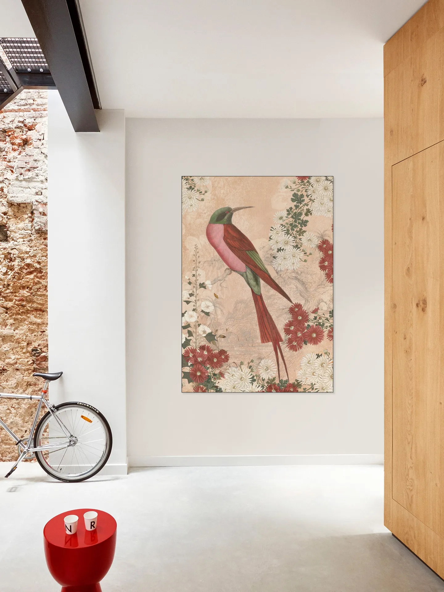 Japanese Floral Blossom And Red Tropical Bird