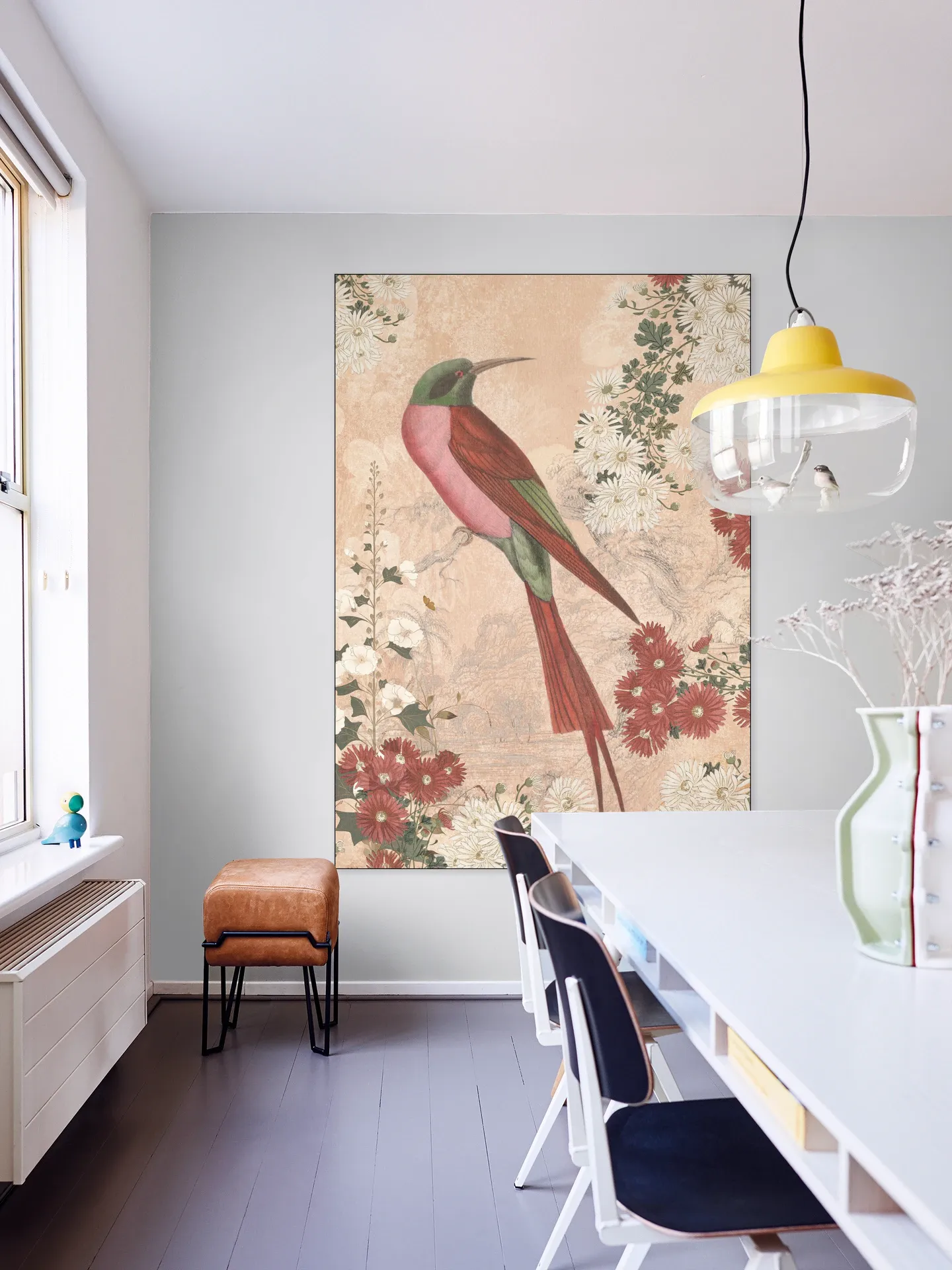 Japanese Floral Blossom And Red Tropical Bird