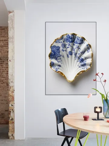 Delft Blue Shell with Gold Edge and Floral Pattern
