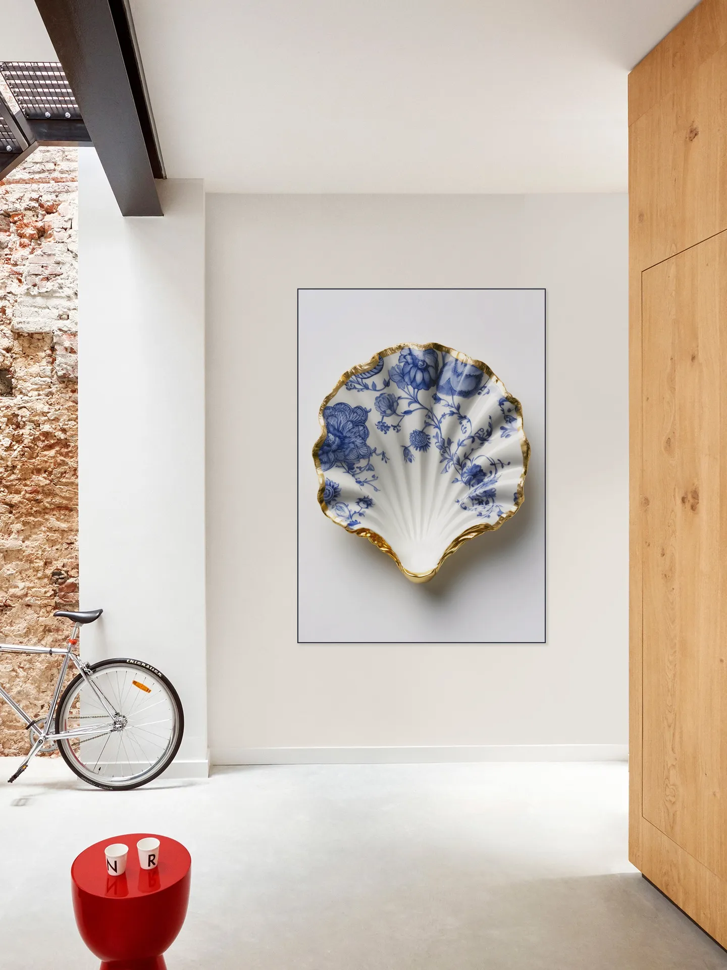 Delft Blue Shell with Gold Edge and Floral Pattern