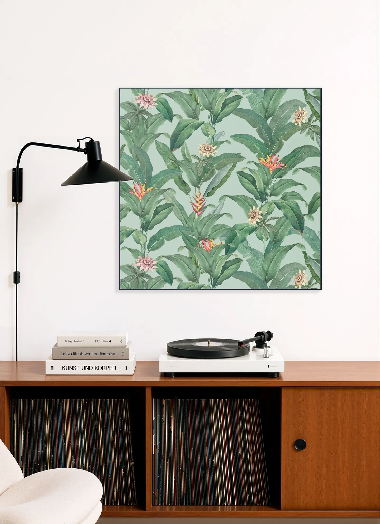 Tropical Jungle Climbing Leaves and passiflora flowers - mint