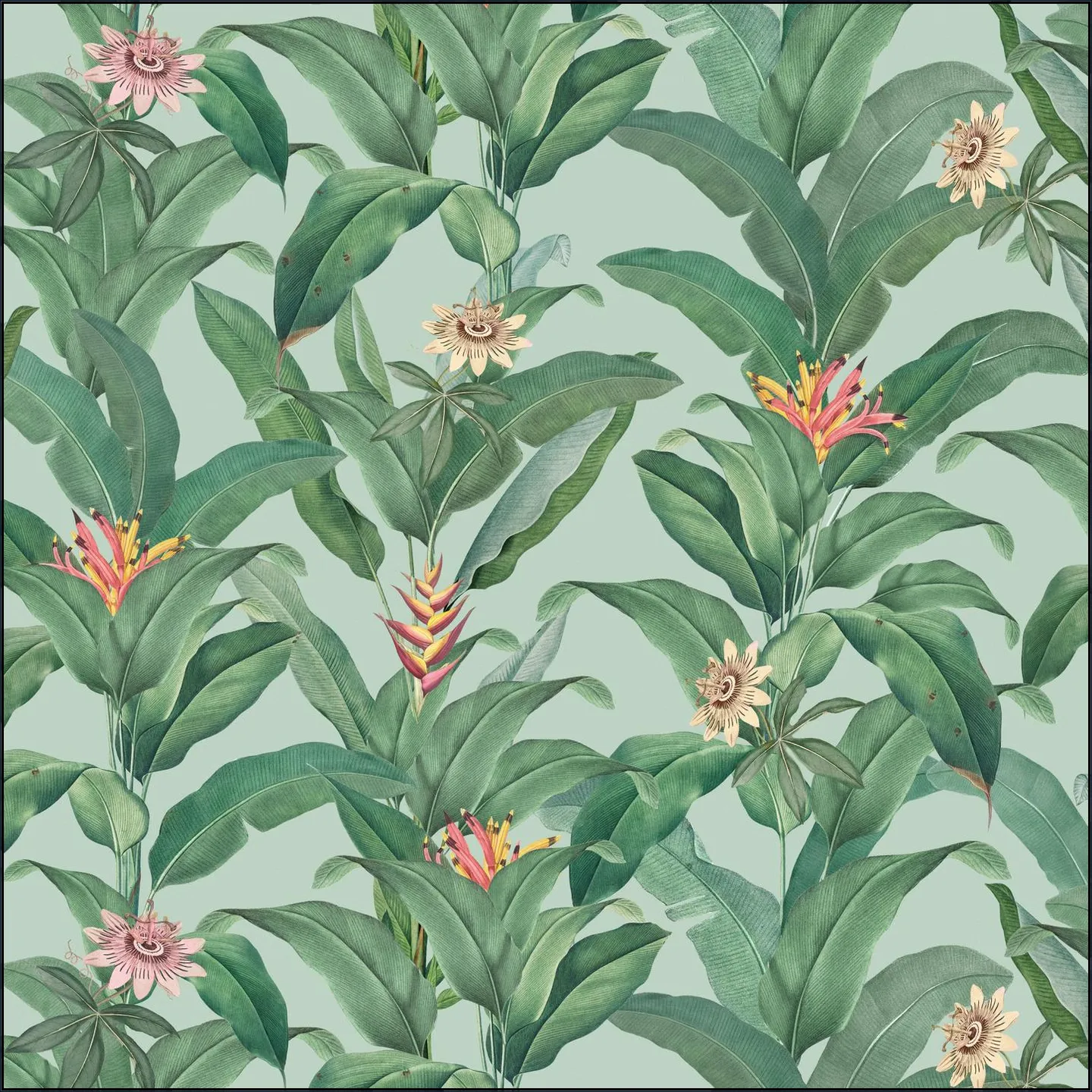 Tropical Jungle Climbing Leaves and passiflora flowers - mint