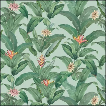 Tropical Jungle Climbing Leaves and passiflora flowers - mint