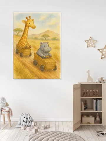 Giraffe and Hippopotamus Having a Soapbox Race