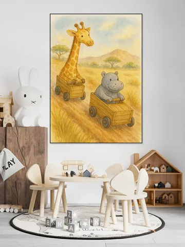 Giraffe and Hippopotamus Having a Soapbox Race