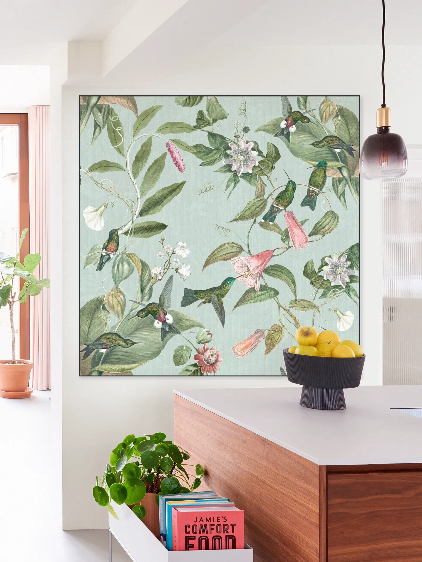 Birds & Passiflora paradise garden - soft teal