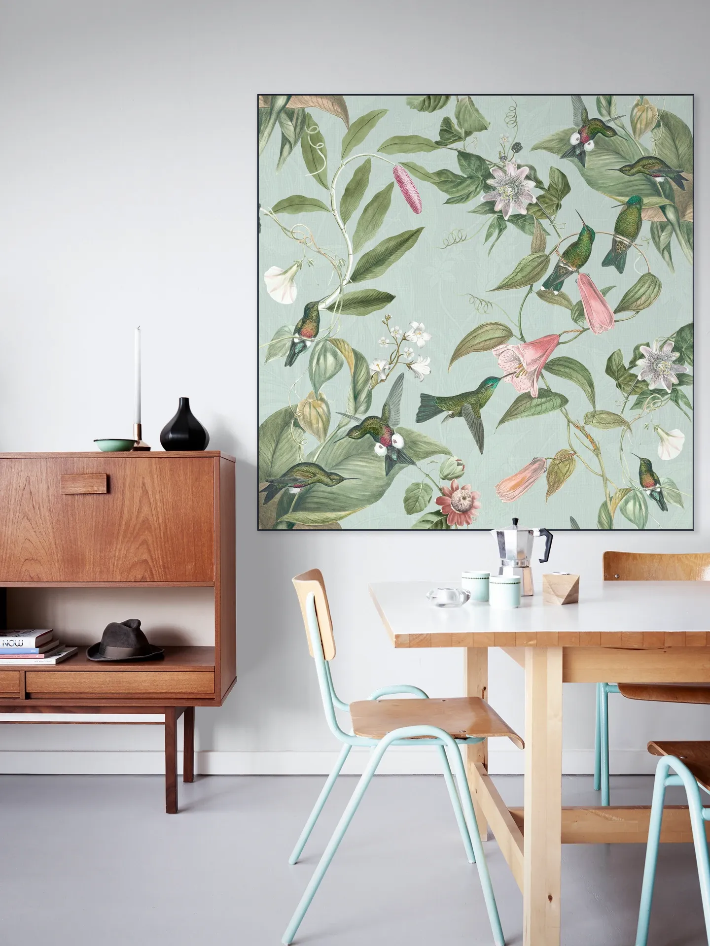 Birds & Passiflora paradise garden - soft teal