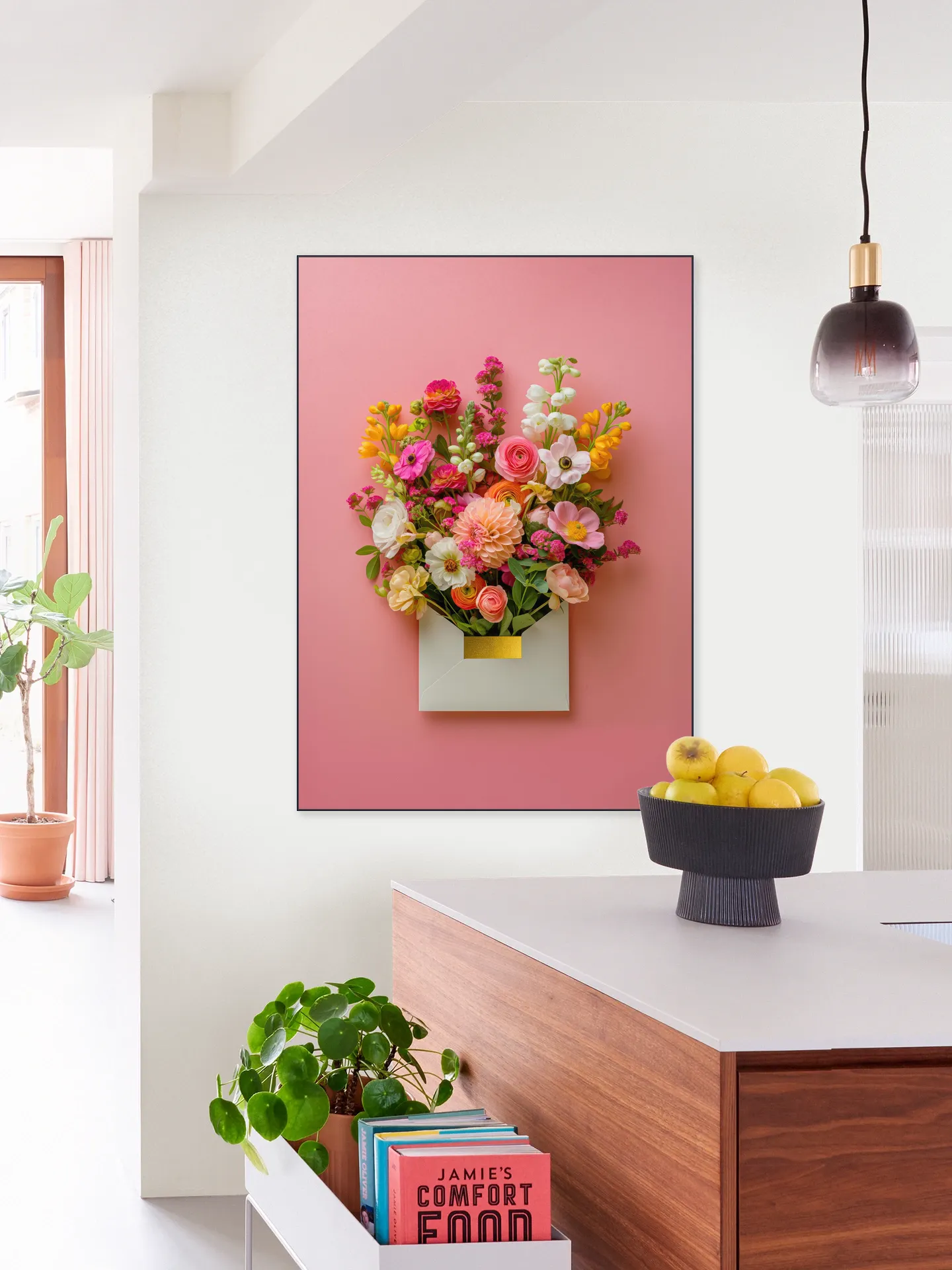 Pink Floral Still Life with Colorful Flowers in Gold Envelope
