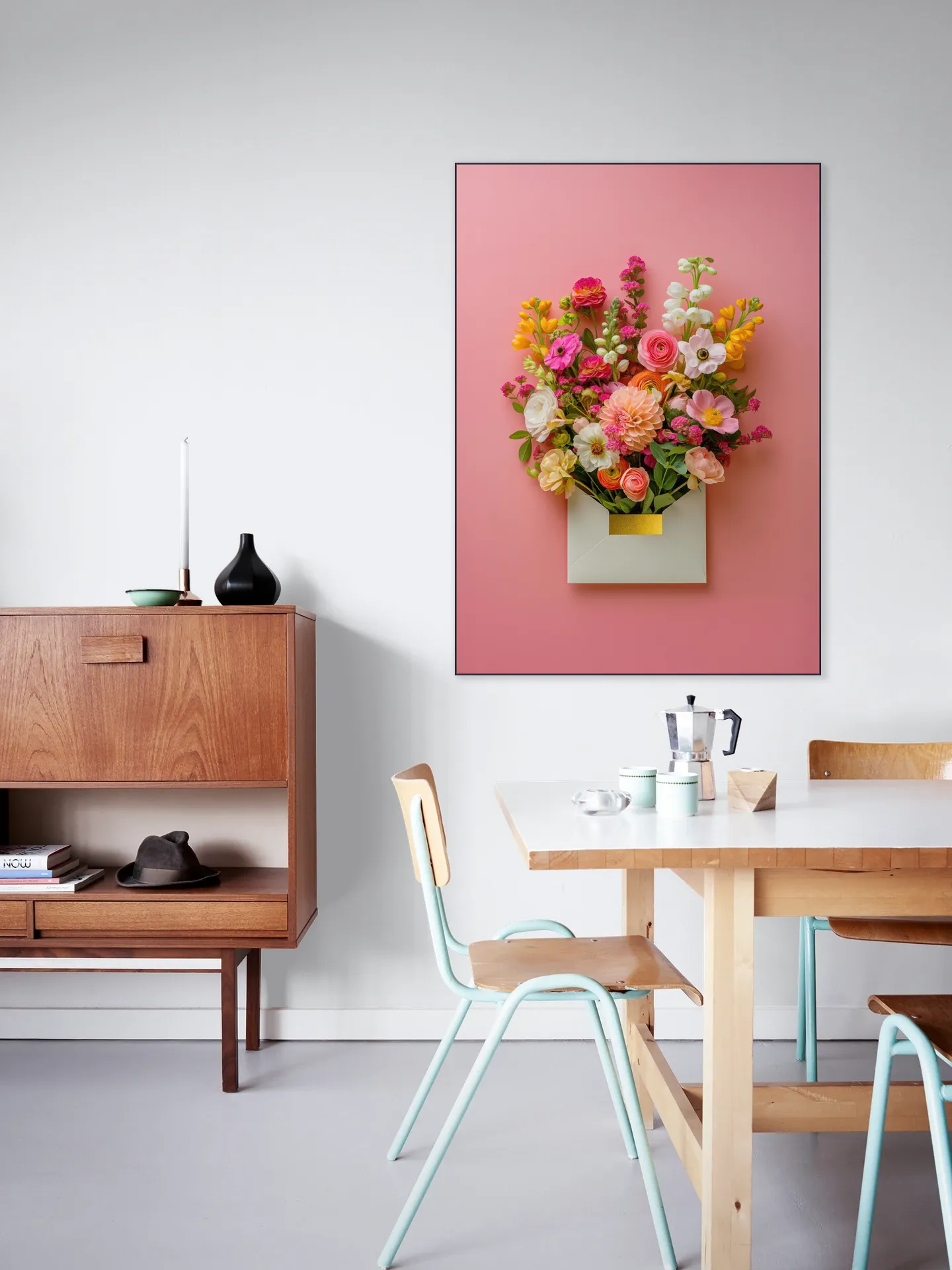 Pink Floral Still Life with Colorful Flowers in Gold Envelope