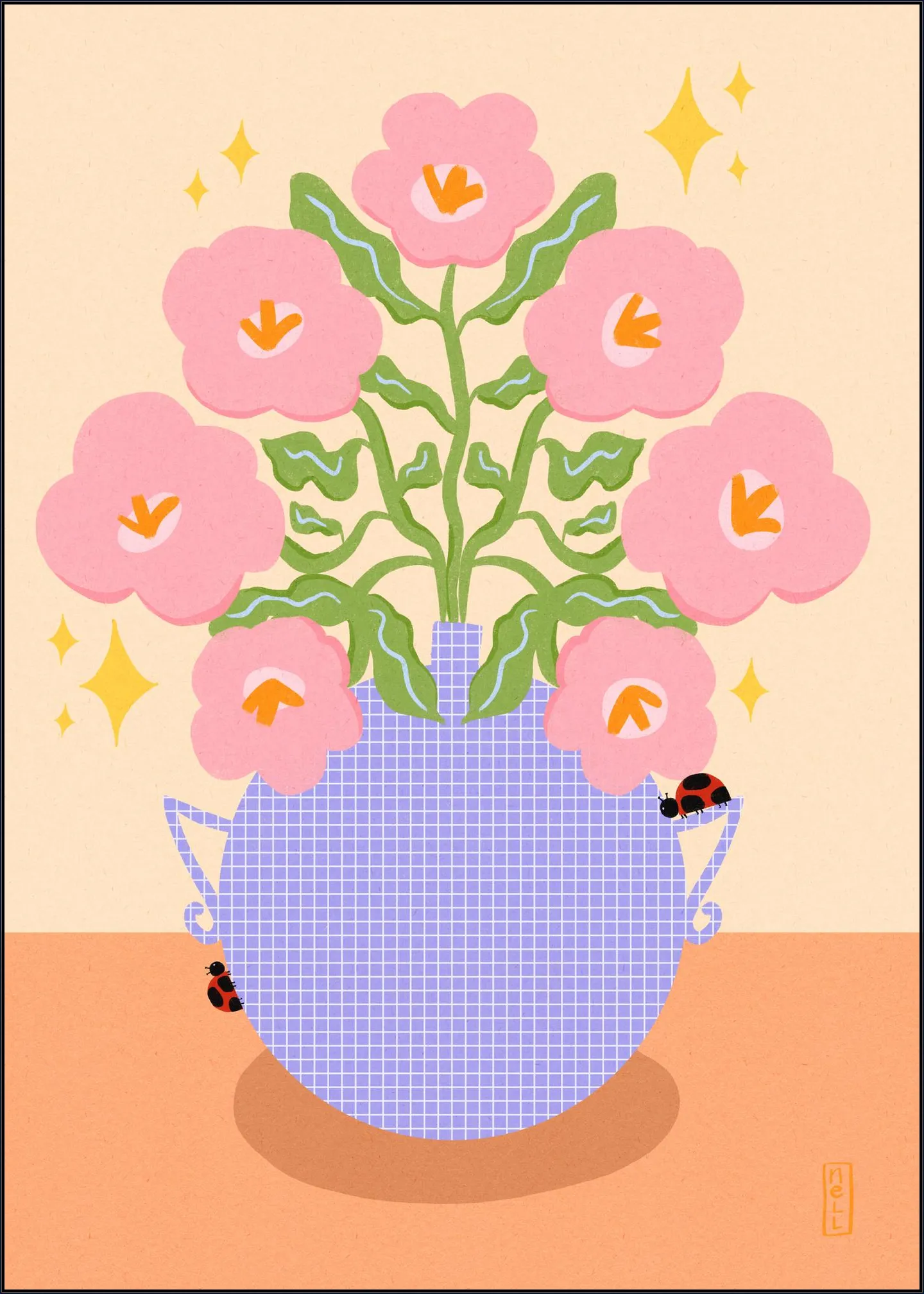Pink Retro Flowers in a Vase Illustration