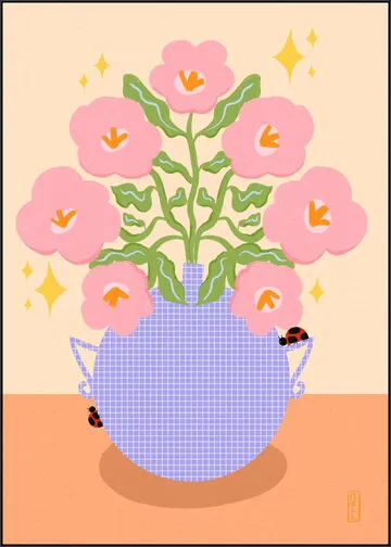 Pink Retro Flowers in a Vase Illustration