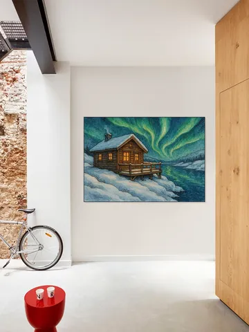 Houten Huisje Onder Het Noorderlicht