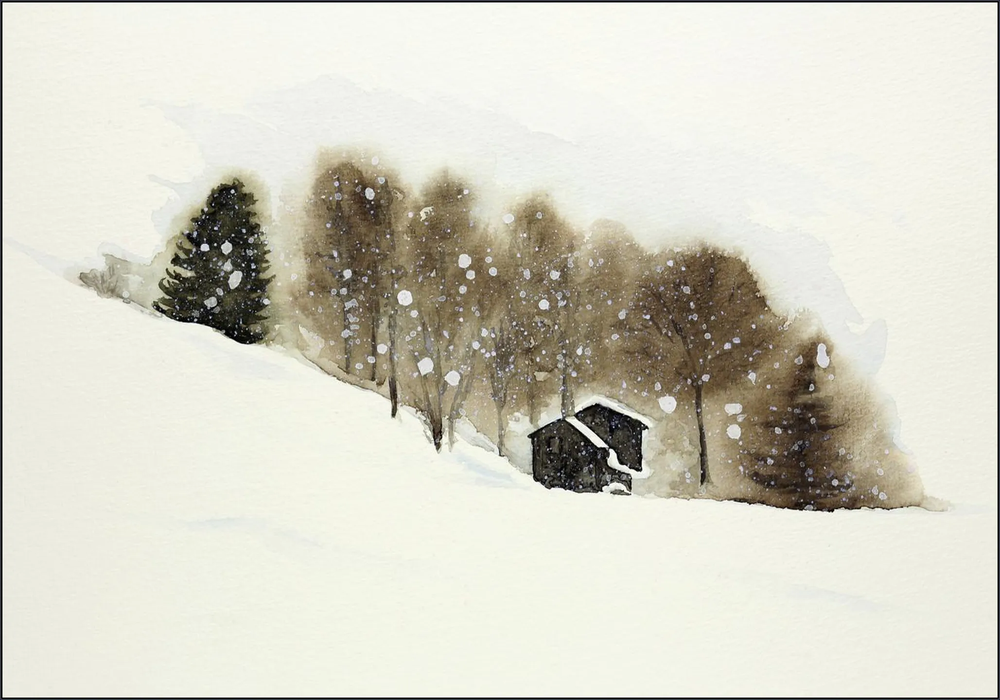 Ski Slope with Wooden Cabins