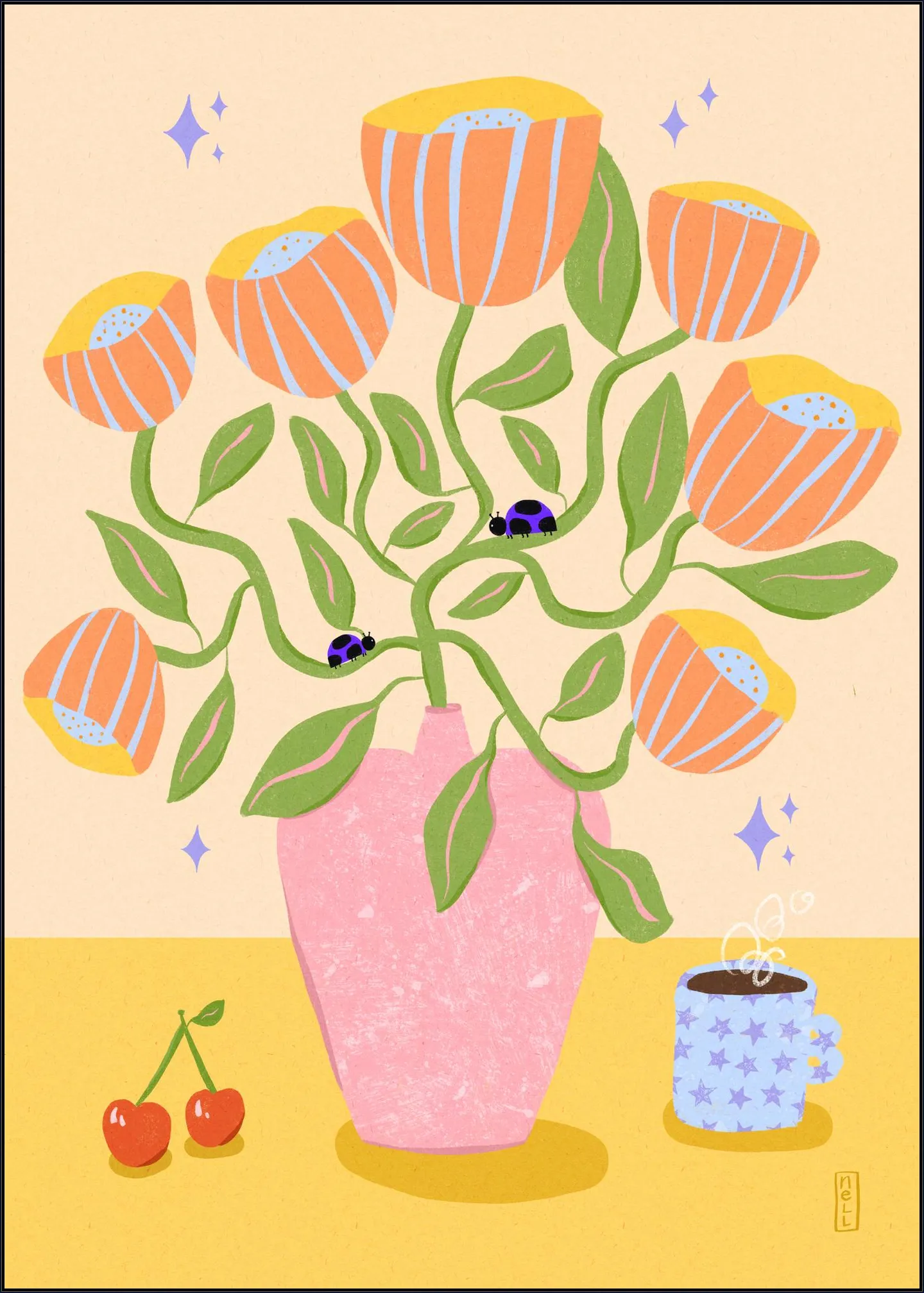 Dirkie Nell Retro Bell Flowers in a Vase Illustration