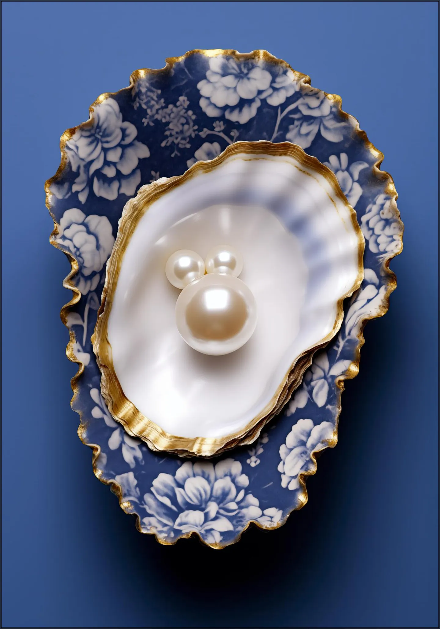 Delft Blue Flower Pattern Oyster with Gold and Pearls